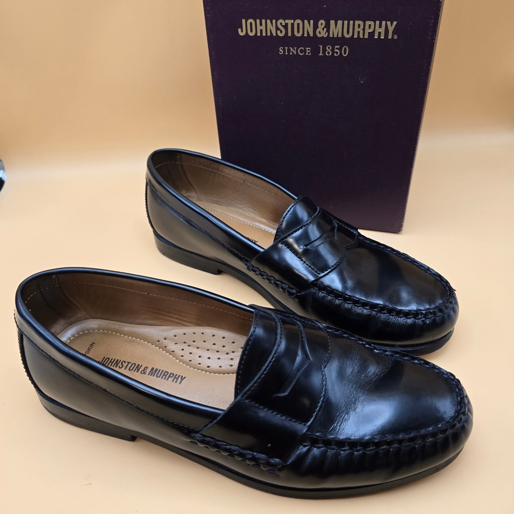 Johnston & Murphy Mens Black Leather Penny Loafers 15-1091 E22 Size 8 M Brazil